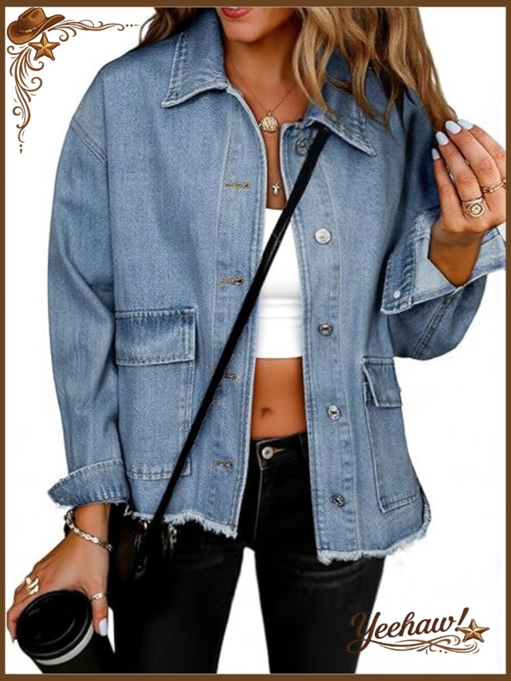 Cropped Denim Jacket Button Down Frayed Hem with Pockets